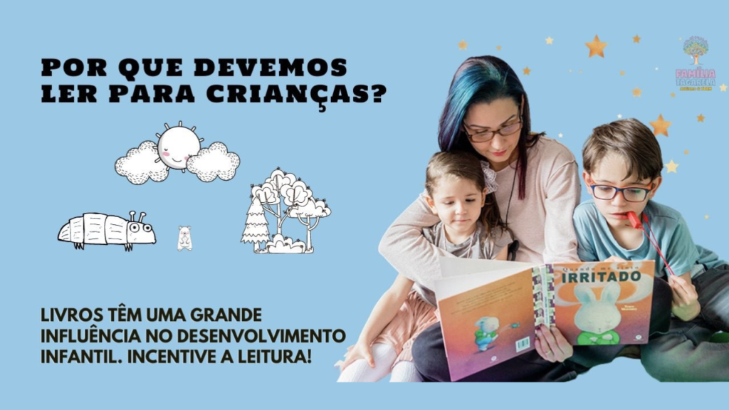 Uma mulher segurando um livro nas mãos com duas crianças, um menino e uma menina. Mulher lendo para as crianças